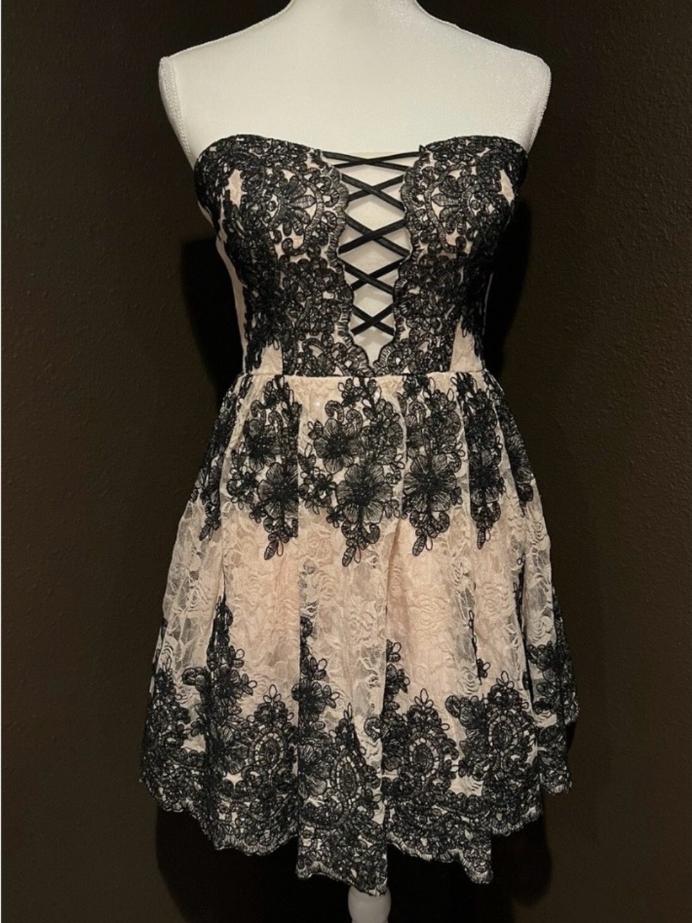 Trixxi Strapless Black Lace Appliqué over Blush Cocktail Dress